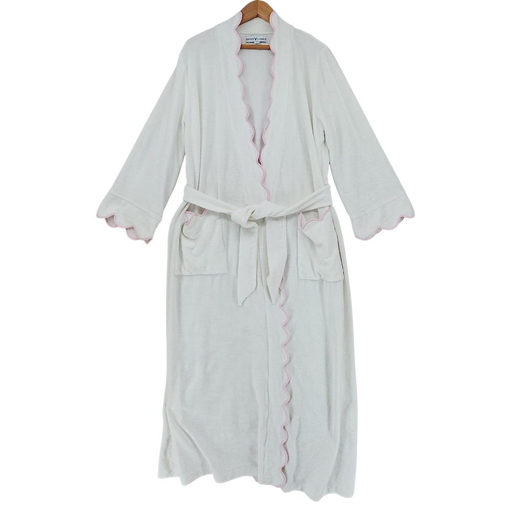 Heidi Carey Robe S Womens White Pink Scalloped Trim Terry Cloth Spa Cottagecore